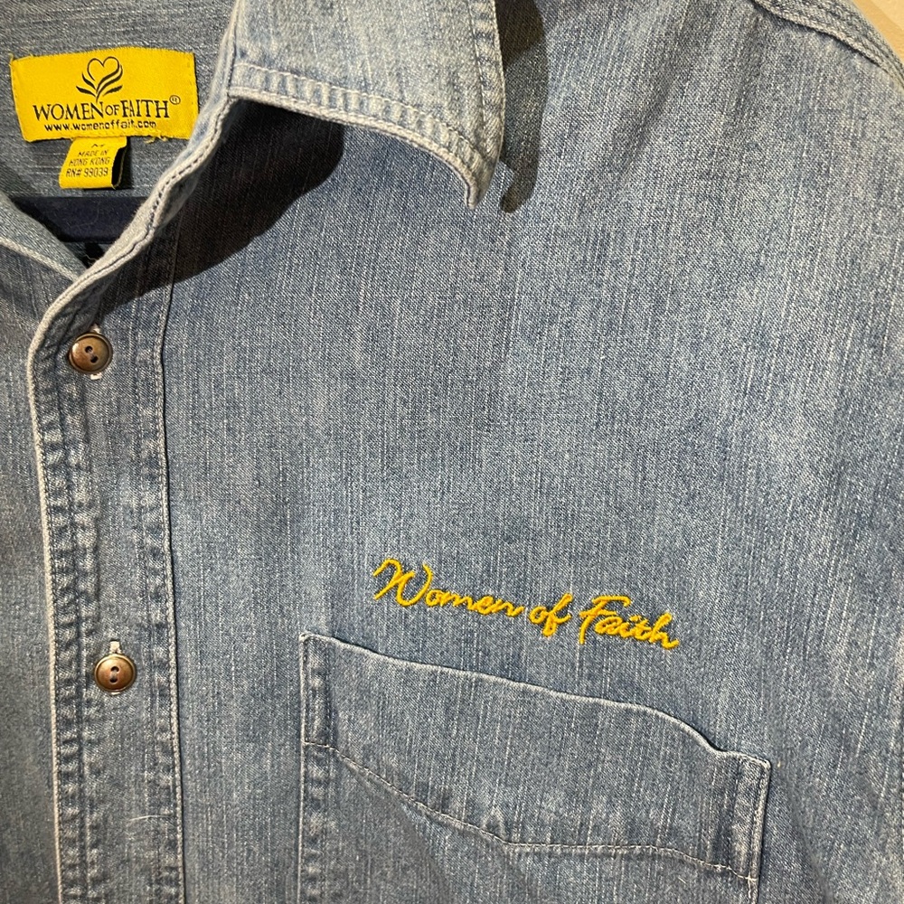 Vintage Women of Faith Denim Shirt Size Medium – Embroidered Logo Button Front